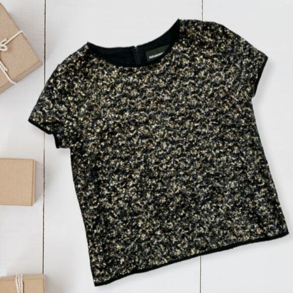 ZADIG & VOLTAIRE SILK BLEND TRUSTY SEQUIN GOLD SILVER EYELASH TRIM BOXY FIT TOP - Picture 9 of 16